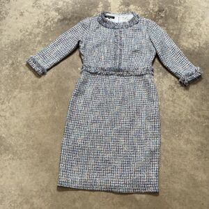 Ecaille Paris Dress Womens Size 6 US Blue Tweed Shift Fringe 3/4 Sleeve‎